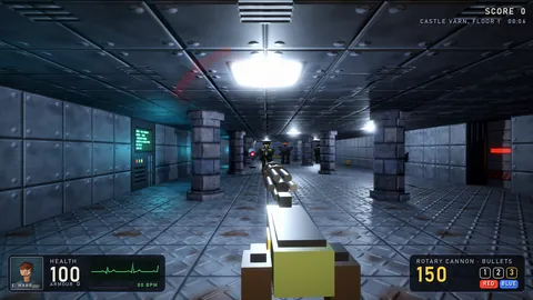 A riveted steel corridor with stone pillars, glowing green terminals and bright ceiling lights, guards and a hovering drone ahead, rotary cannon in hand.