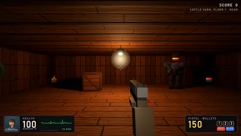 A wood-panelled room lit by a single hanging lamp, a crate in the corner and a heavy brute with a red visor stepping out of the shadows.