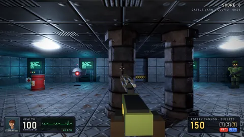 The Floor 2 core room: steel walls lined with green-screened consoles, a red-eyed drone hovering between stone pillars and a guard to the right.