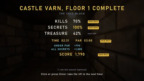 The end-of-floor tally for Castle Varn, Floor 1: kills, secrets, treasure, time against par and score, with NEW BEST tags.