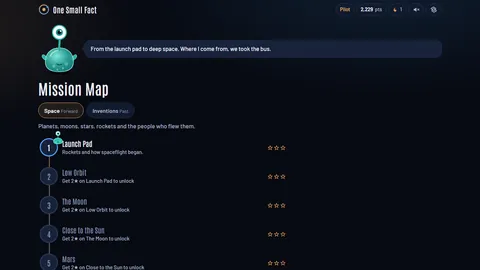 The Mission Map for the Space pack: levels Launch Pad, Low Orbit, The Moon, Close to the Sun and Mars in a line, each with three stars to earn, and Glim riding on level 1.