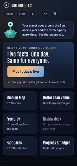 The One Small Fact home page on a phone: Glim's greeting, the Daily Five card and the mode tiles.
