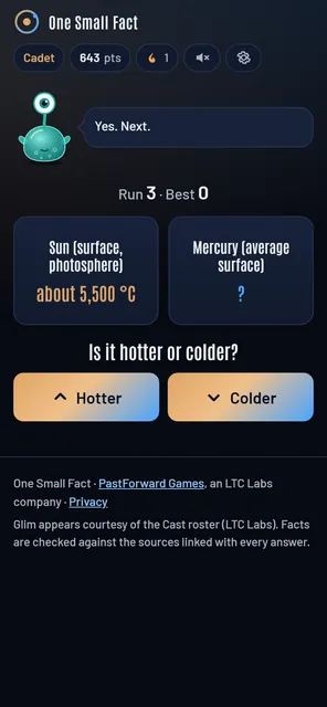 Hotter Than Venus on a phone: the Sun's surface at about 5,500 degrees against Mercury, with Hotter and Colder buttons.