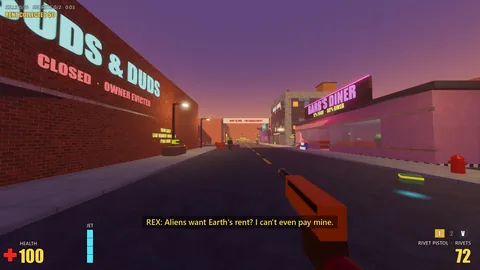 A downtown street at sunset: a brick laundromat marked Closed, owner evicted, the neon Barb's Diner sign, a Rent is due banner across the road and Rex's orange rivet pistol.