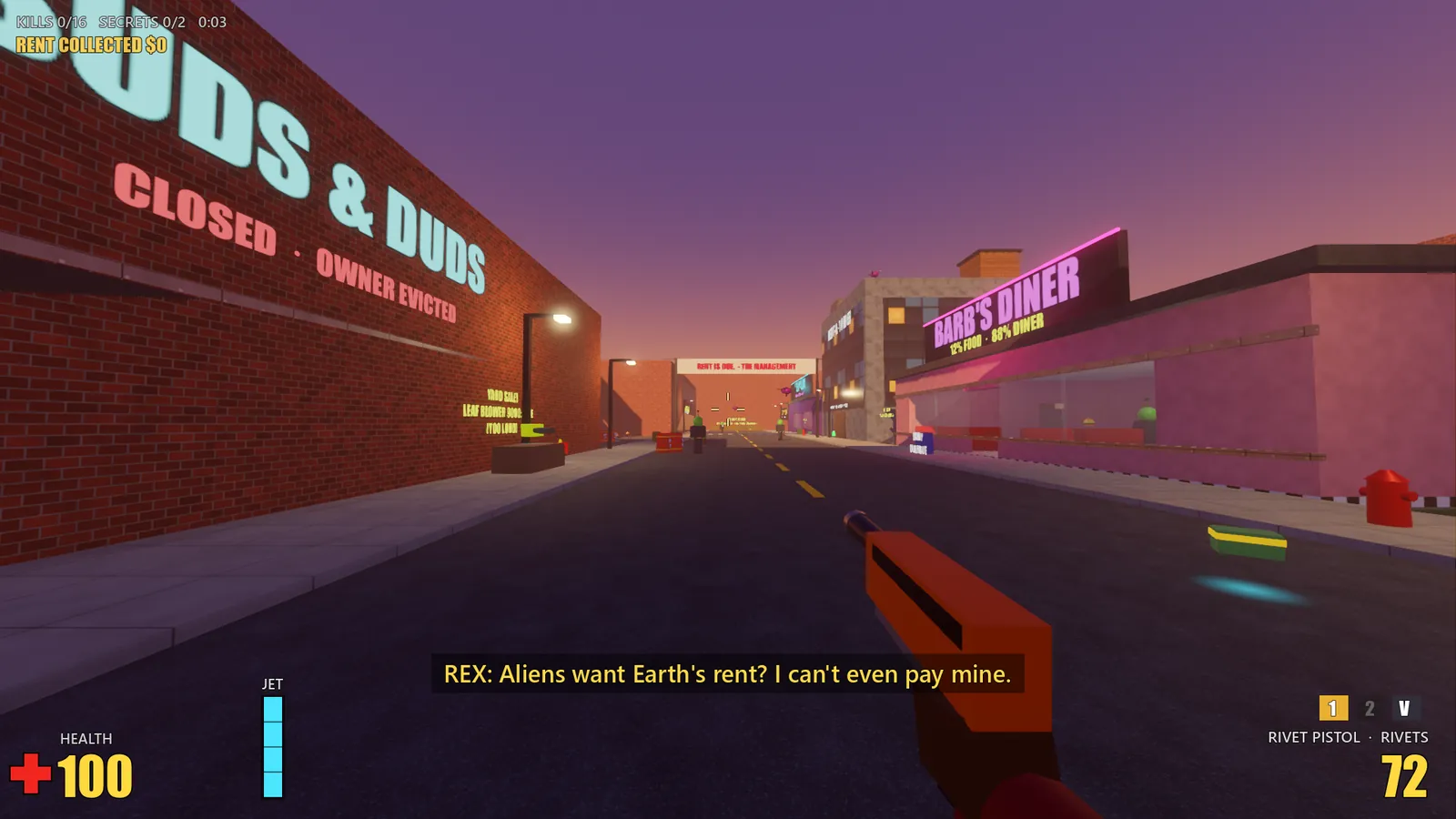 A downtown street at sunset: a brick laundromat marked Closed, owner evicted, the neon Barb's Diner sign, a Rent is due banner across the road and Rex's orange rivet pistol.