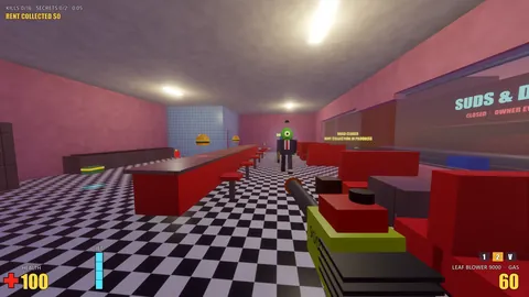 Inside Barb's Diner: red booths, a checkerboard floor and burger signs, a one-eyed green alien in a suit walking down the aisle, leaf blower in hand.