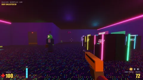 A dark arcade with neon-trimmed cabinets and a confetti carpet, a green alien landlord in a suit standing between the machines.