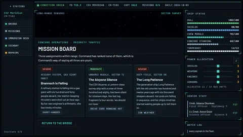 The mission board: three mission cards side by side, a refinery station falling into a gas giant, a silent survey ship, and a generation ship waking its sleepers, each tagged with severity and a complication such as Short-handed or Ion weather.