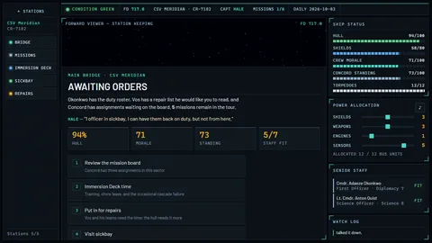 The main bridge screen titled Awaiting Orders, with hull, morale, standing and staff-fit tiles, a menu of choices such as review the mission board and put in for repairs, and side panels for ship status, power allocation and senior staff.