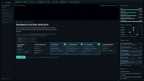 The away team screen for Brannoch Station's spin deck. Three objectives are listed with their difficulty, and six officer cards show each officer's skills; three are ticked. A Fold Down button sits below.