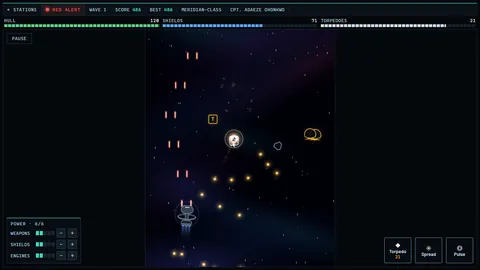 Patrol mode, a vertical space shooter. The Meridian fires twin lances up the screen past asteroids and enemy craft, with hull, shield and torpedo bars along the top, power controls at bottom left and torpedo, spread and pulse buttons at bottom right.