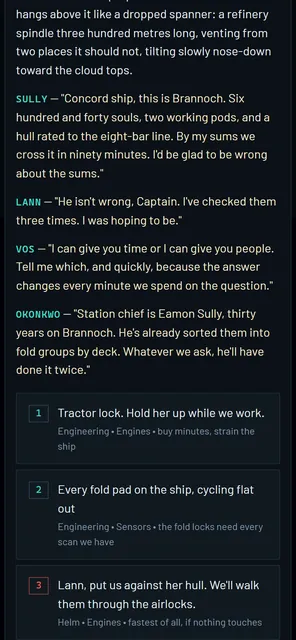 A phone screen showing crew dialogue from the Brannoch mission and three numbered choices below it.