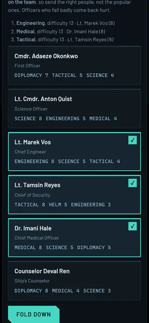 The away team list on a phone: objectives at the top, then officer cards with their skills, three of them ticked, and a Fold Down button.