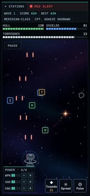 Patrol mode on a phone: the Meridian at the bottom firing lances upward, pickup crates marked H, S and T, an explosion, and power and weapon buttons along the bottom.