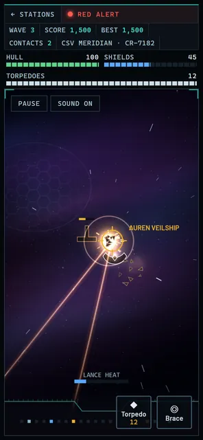 Tactical mode on a phone: lance beams hitting an Auren Veilship inside the reticle, debris scattering, another ship nearby, with hull, shield and torpedo bars at the top.