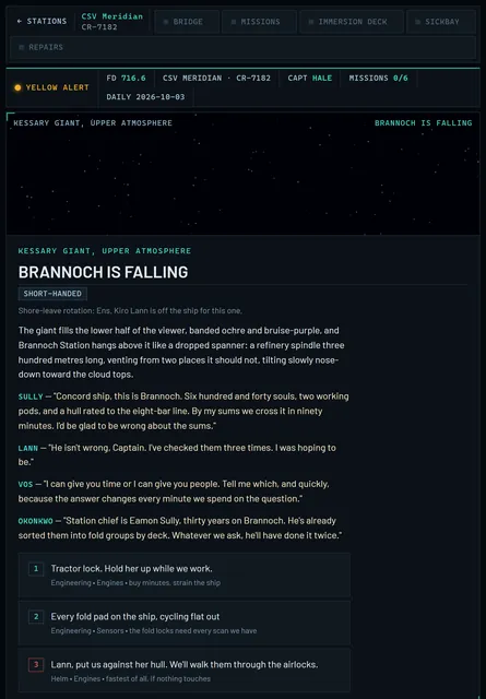 A mission scene on a tablet held upright: 'Brannoch Is Falling', with the crew's lines of dialogue and three numbered choices, a tractor lock, cycling every fold pad, or flying against the station's hull.