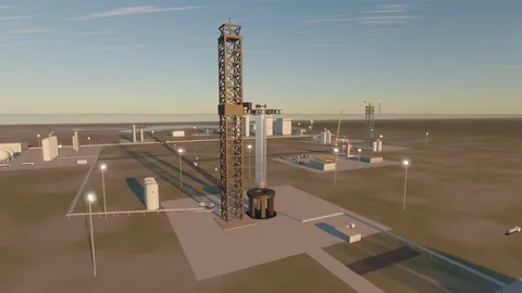 The returned first-stage booster held upright in the arms of the lattice catch tower on the launch mount, seen from above the spaceport at dusk.