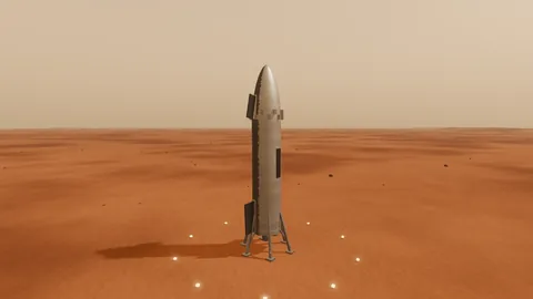 The Longbow ship standing on its legs on the orange Martian plain under a dusty butterscotch sky, landing lights around its base.