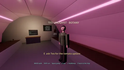 Inside the pink-lit Mars greenhouse, botanist Teo Lindqvist stands by the planters with a sign reading Tomatoes, Seedlings: 6, Ripe: soon (probably).