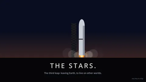 A frame from the opening title sequence: a stylised rocket lifting off beside its tower at dusk, captioned The Stars. The third leap: leaving Earth, to live on other worlds.