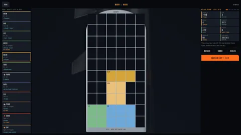 The Colony Run's Moon to Mars leg. On the left, the yard of modules still to send; in the middle, Hearth's cargo bay with a hab, life support, crew and solar modules packed low and central; on the right, the colony's people, air, food, power and morale tiles and a Launch Lift 1, 24 t button.