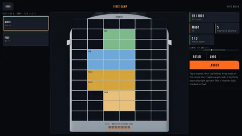 Pack Hearth: a 6 by 10 cargo bay with labelled Life, Hab, Solar and Crew modules stacked down the centre, a payload of 28 of 100 tonnes, a centre of gravity bar and a Launch button.