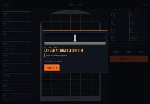 A landscape tablet showing the landing card: the rocket touching down on the Moon, 'Landed at Shackleton Rim' and a Pack Lift 2 button over the Colony Run desk.